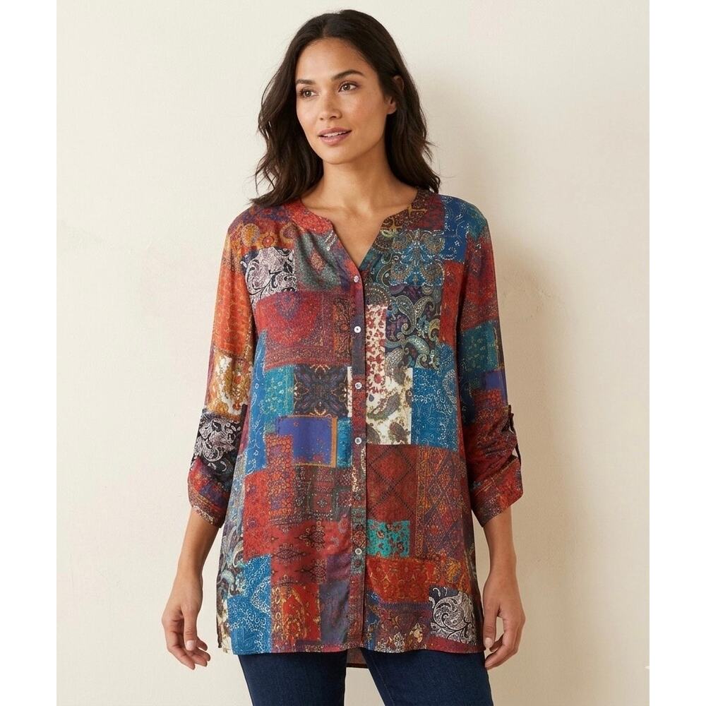 John Mark Patchwork Paisley Blouse Shirt XL Boho Button‎ Front Rayon Tunic